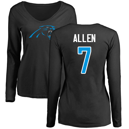 Carolina Panthers Black Women Kyle Allen Name and Number Logo Slim Fit NFL Football #7 Long Sleeve T Shirt